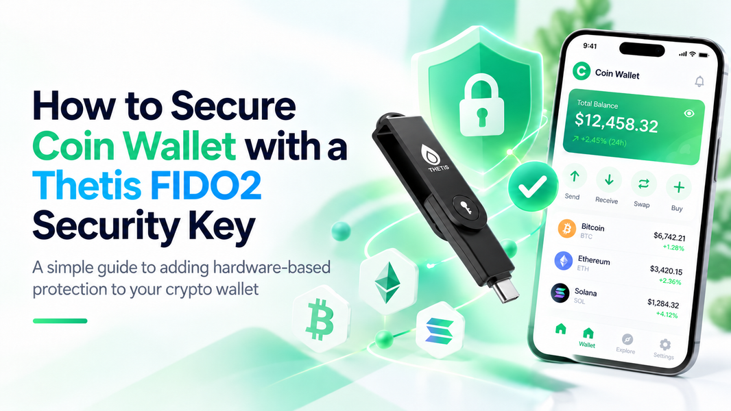 Thetis FIDO2 USB-C Security Key with Coin Wallet cryptocurrency app, illustrating hardware-based crypto wallet security
