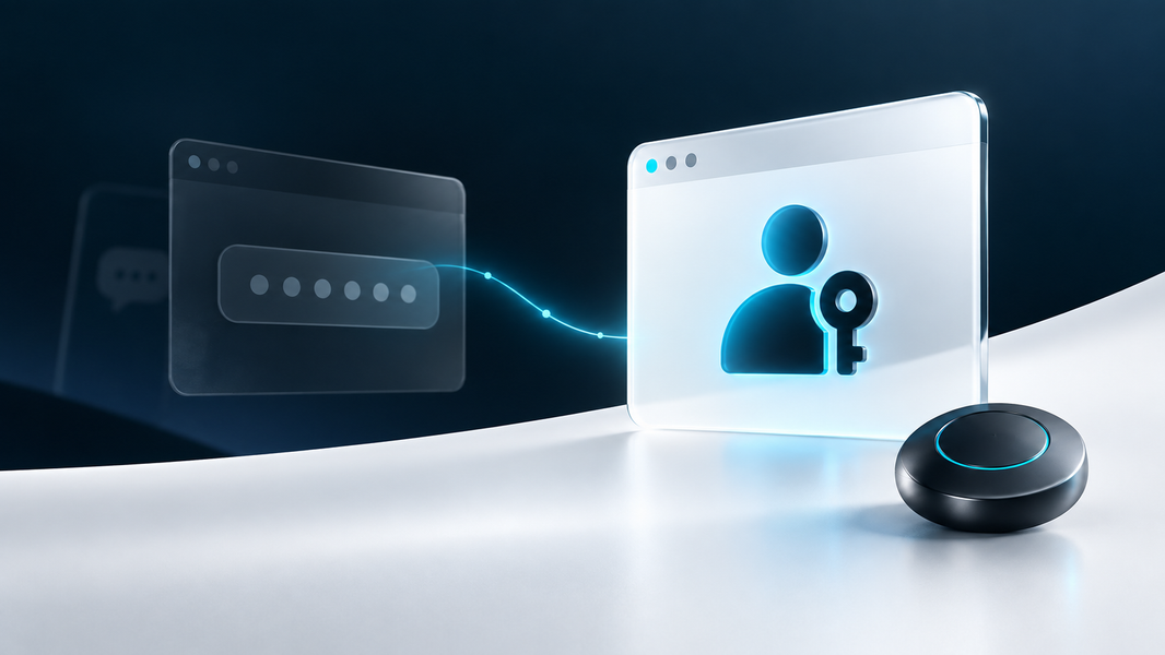 Concept illustration of a transition from one-time codes to passkey authentication in navy, cyan, and white.