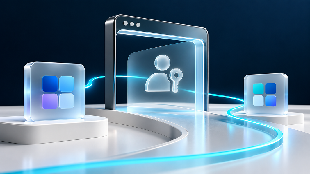 Concept illustration of application tiles connected through a browser portal with a passkey symbol and cyan path.